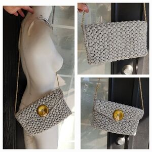 Rodo Italy Vtg Purse Bag Basket Weave Grey w/Gold Chain‎ Strap Medallion Rare